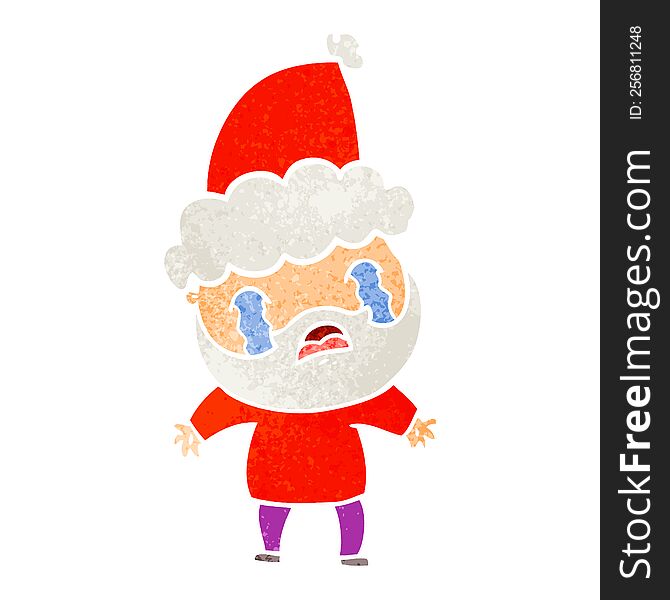 Retro Cartoon Of A Bearded Man Crying Wearing Santa Hat