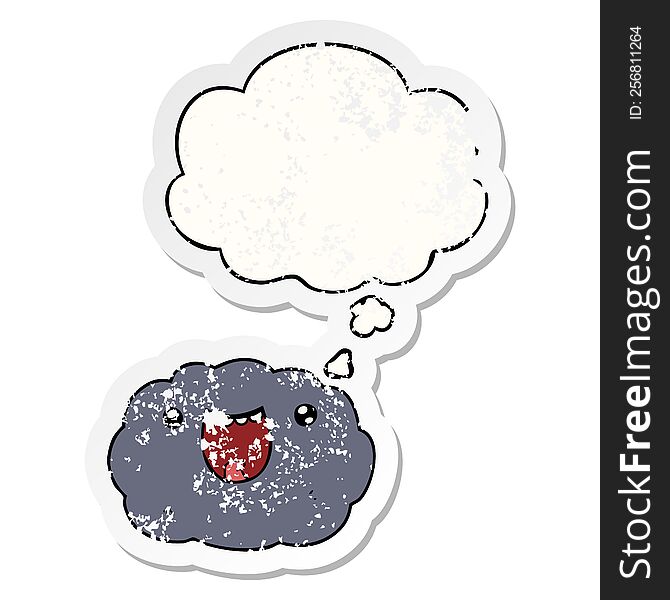 Cartoon Happy Cloud And Thought Bubble As A Distressed Worn Sticker