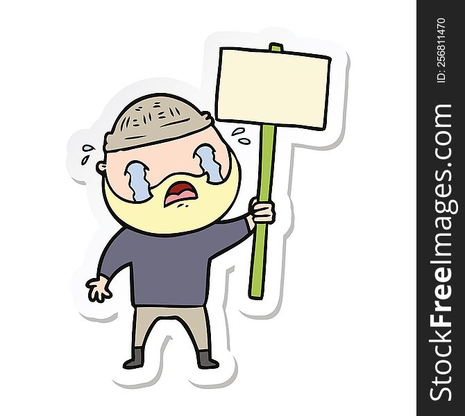Sticker Of A Cartoon Bearded Protester Crying