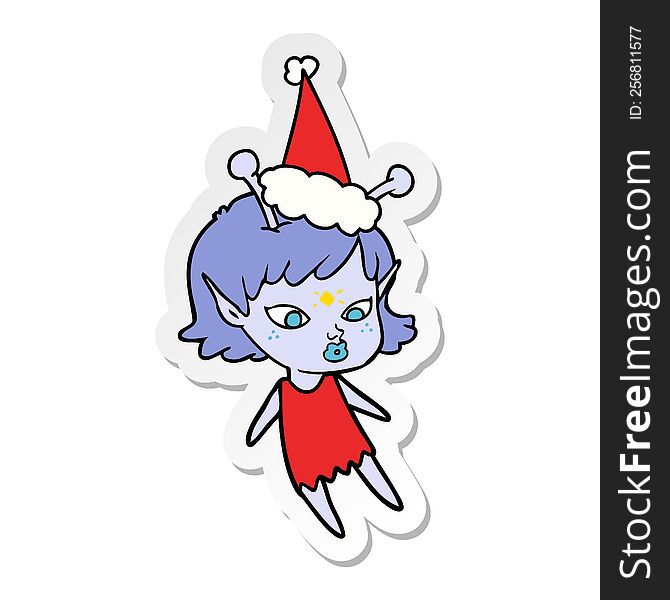 pretty hand drawn sticker cartoon of a alien girl wearing santa hat. pretty hand drawn sticker cartoon of a alien girl wearing santa hat