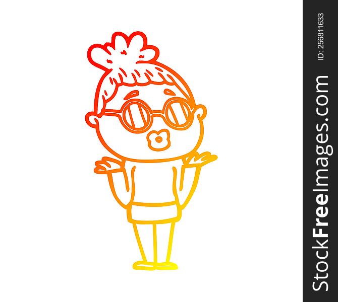 Warm Gradient Line Drawing Cartoon Confused Woman Wearing Spectacles