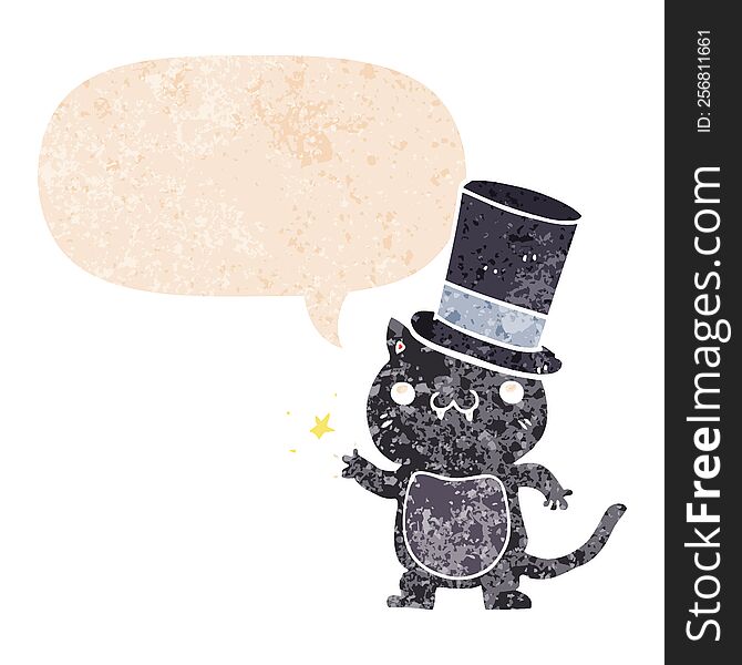 Cartoon Cat Wearing Top Hat And Speech Bubble In Retro Textured Style