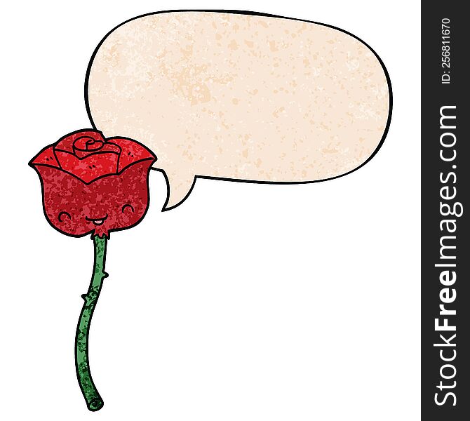 cartoon rose with speech bubble in retro texture style