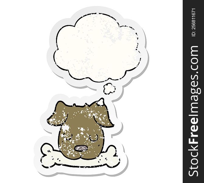 cartoon dog with bone with thought bubble as a distressed worn sticker