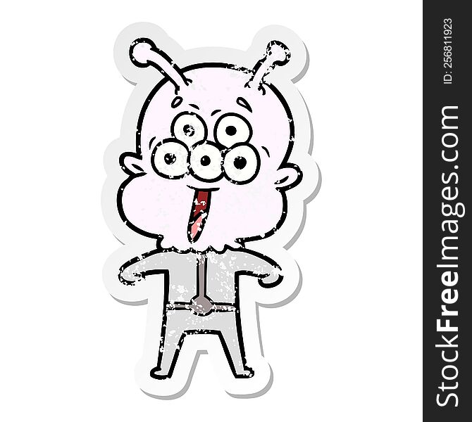 Distressed Sticker Of A Happy Cartoon Alien