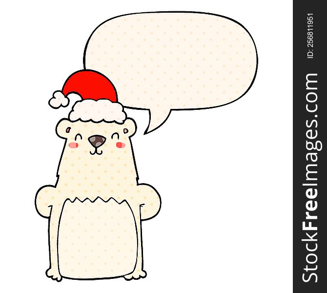 Cartoon Bear Wearing Christmas Hat And Speech Bubble In Comic Book Style