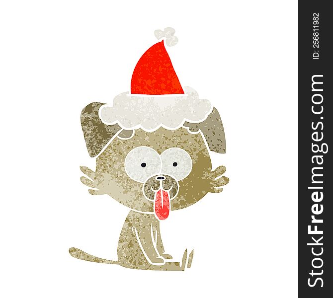 Retro Cartoon Of A Sitting Dog With Tongue Sticking Out Wearing Santa Hat