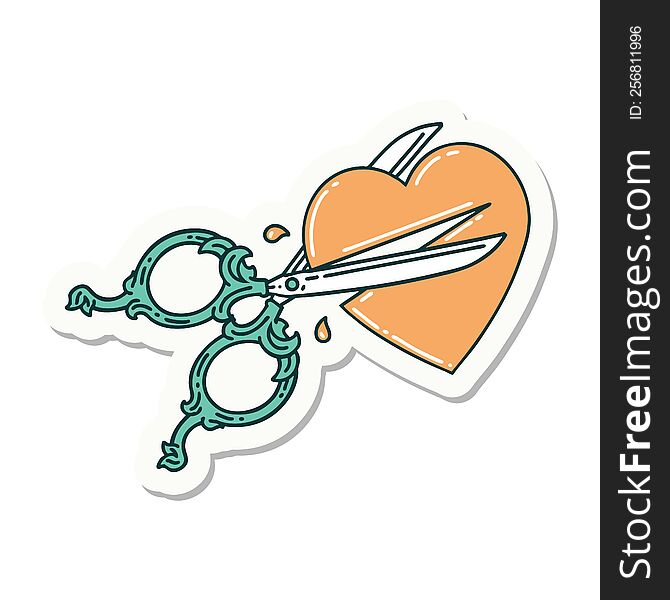 sticker of tattoo in traditional style of scissors cutting a heart. sticker of tattoo in traditional style of scissors cutting a heart