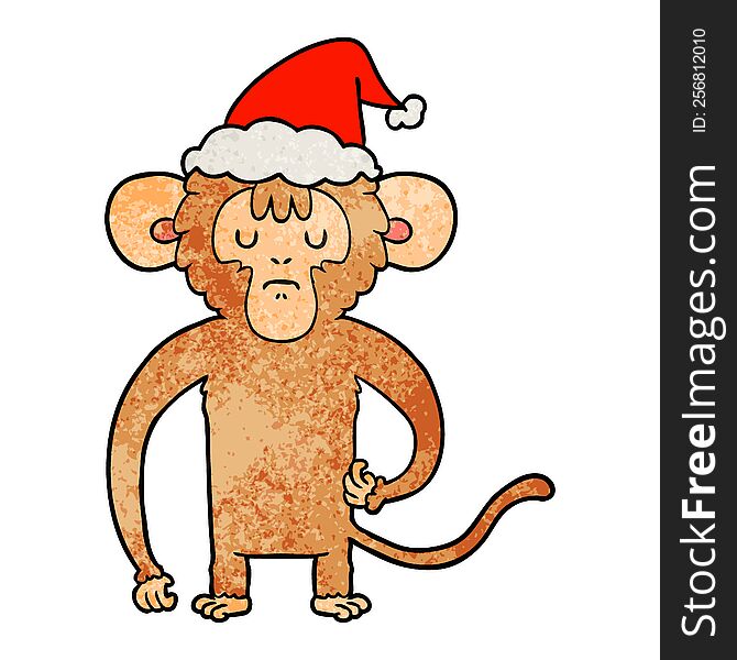 hand drawn textured cartoon of a monkey scratching wearing santa hat