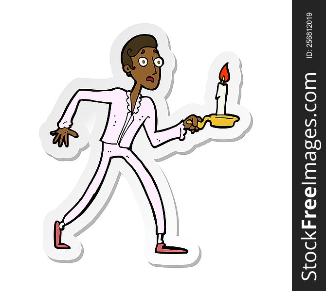 sticker of a cartoon frightened man walking with candlestick