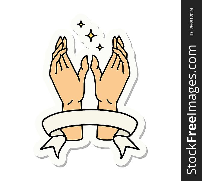 tattoo style sticker with banner of reaching hands
