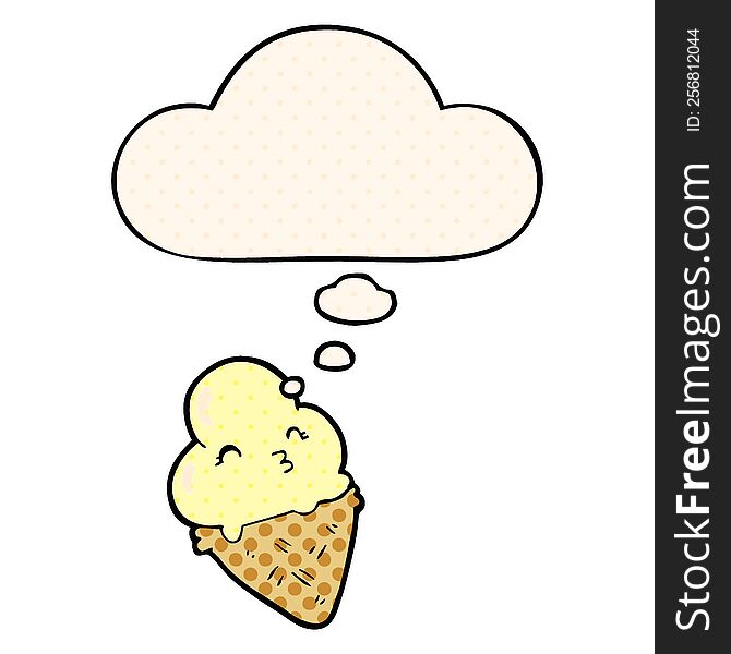 cartoon ice cream with thought bubble in comic book style
