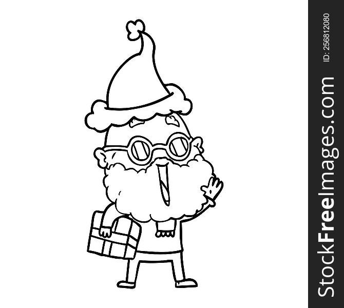 line drawing of a joyful man with beard and parcel under arm wearing santa hat