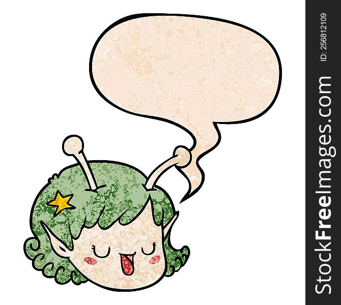 cartoon alien space girl face with speech bubble in retro texture style