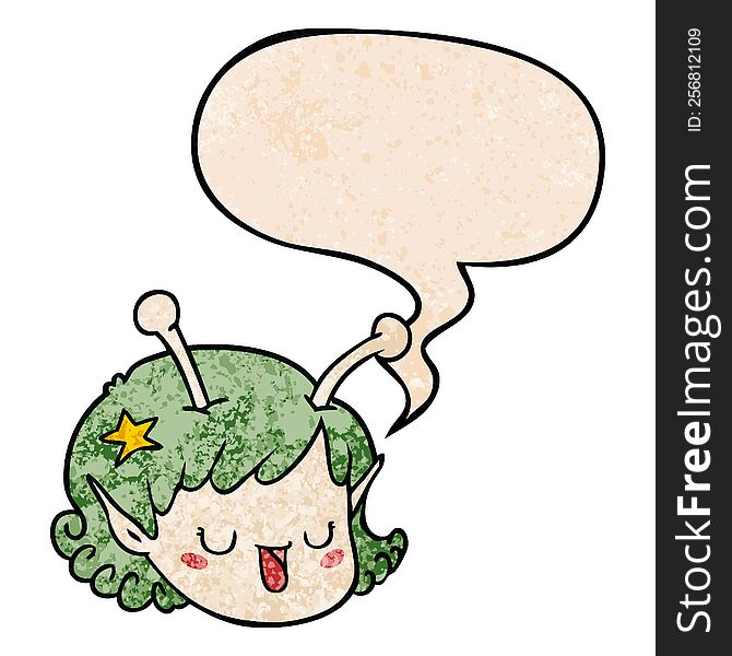 Cartoon Alien Space Girl Face And Speech Bubble In Retro Texture Style