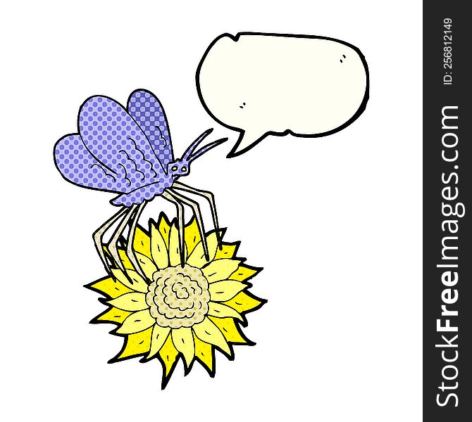 freehand drawn comic book speech bubble cartoon butterfly on flower