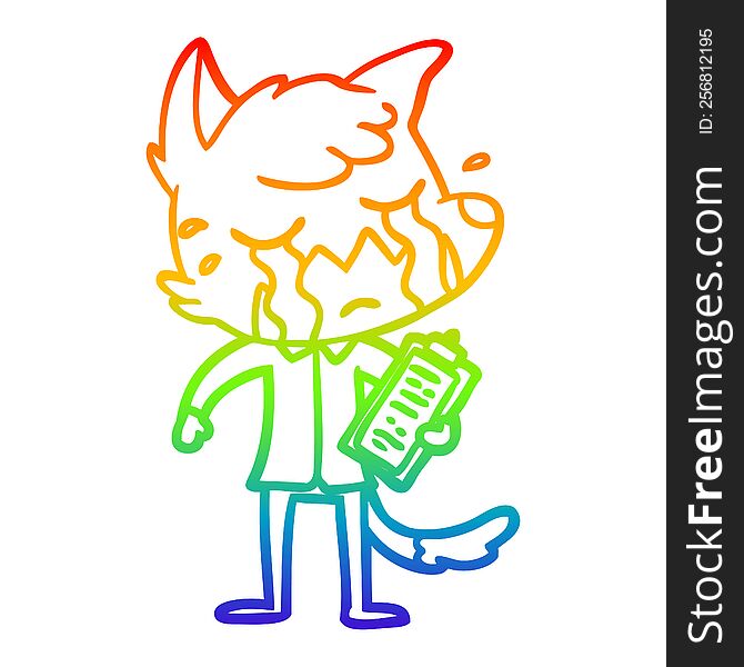 rainbow gradient line drawing of a crying business fox cartoon