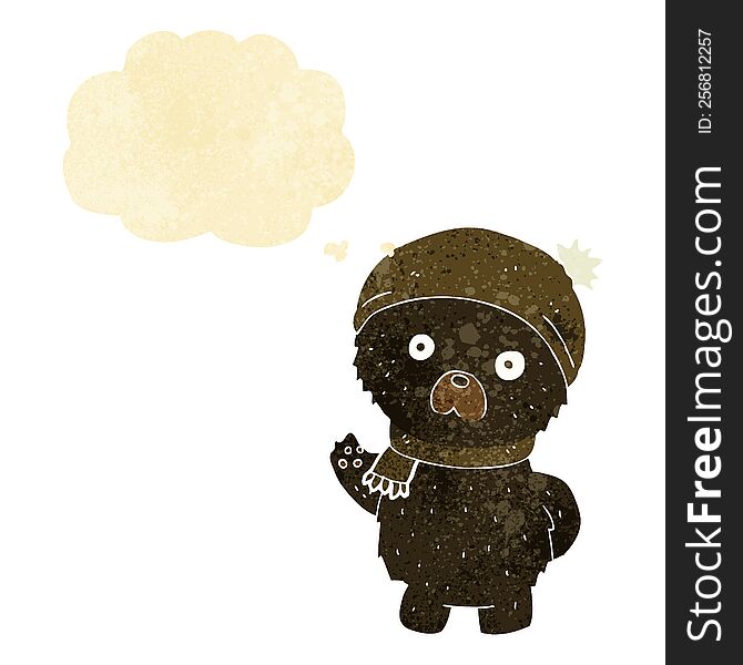 cartoon cute black bear in winter hat and scarf with thought bubble