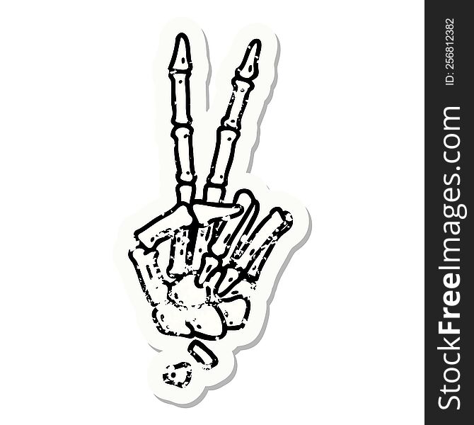 Traditional Distressed Sticker Tattoo Of A Skeleton Hand Giving A Peace Sign