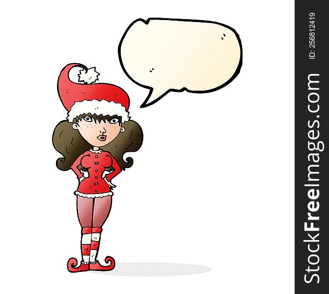 cartoon santa's helper woman with speech bubble
