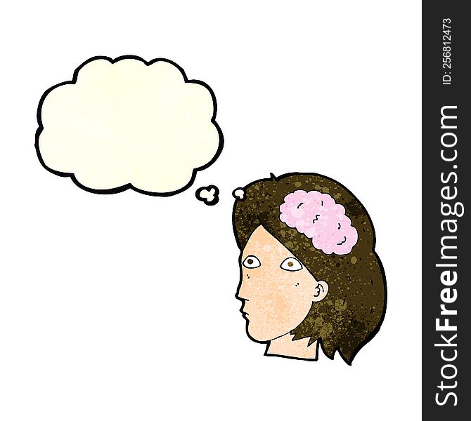 Cartoon Female Head With Brain Symbol With Thought Bubble