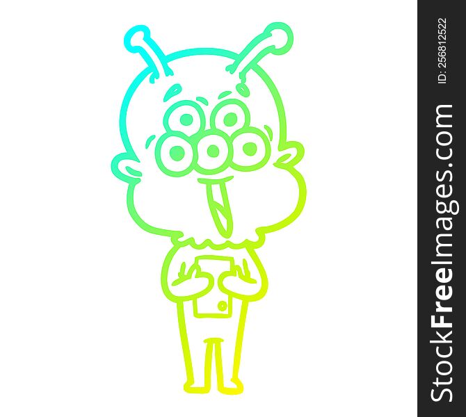 cold gradient line drawing of a happy cartoon alien