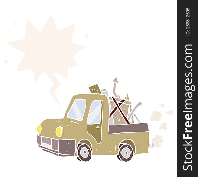 cartoon old truck full of junk with speech bubble in retro style