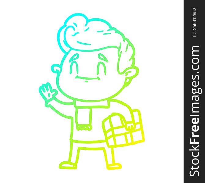 cold gradient line drawing of a happy cartoon man with gift