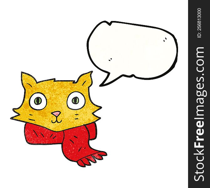 freehand speech bubble textured cartoon cat wearing scarf