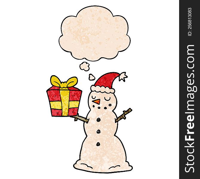 Cartoon Snowman With Present And Thought Bubble In Grunge Texture Pattern Style