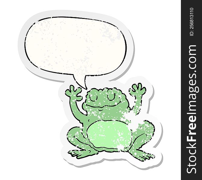 cartoon frog with speech bubble distressed distressed old sticker. cartoon frog with speech bubble distressed distressed old sticker