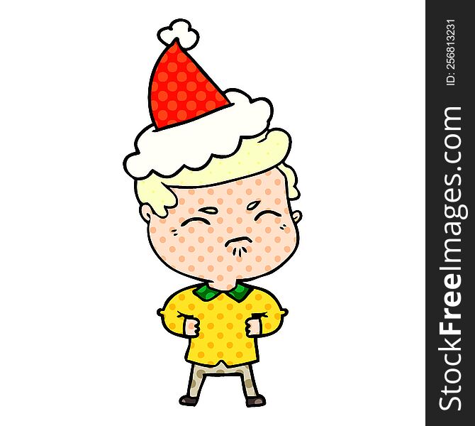 hand drawn comic book style illustration of a annoyed man wearing santa hat