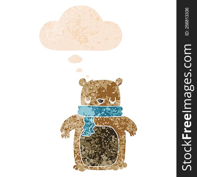 Cartoon Bear With Scarf And Thought Bubble In Retro Textured Style