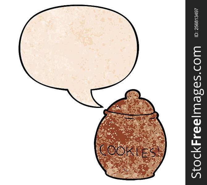 cartoon cookie jar and speech bubble in retro texture style