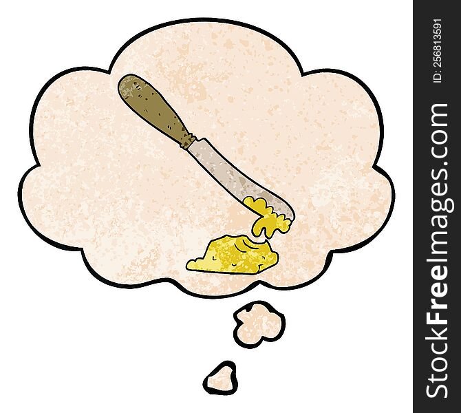 cartoon knife spreading butter with thought bubble in grunge texture style. cartoon knife spreading butter with thought bubble in grunge texture style