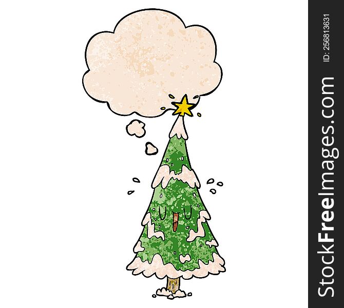 cartoon christmas tree and thought bubble in grunge texture pattern style