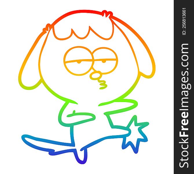 rainbow gradient line drawing of a cartoon bored dog kicking leg