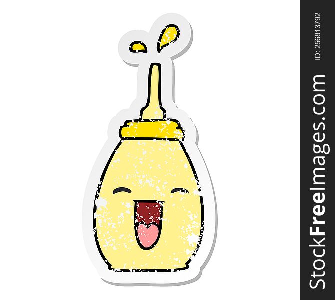 distressed sticker of a quirky hand drawn cartoon happy mustard