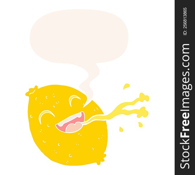Cartoon Squirting Lemon And Speech Bubble In Retro Style