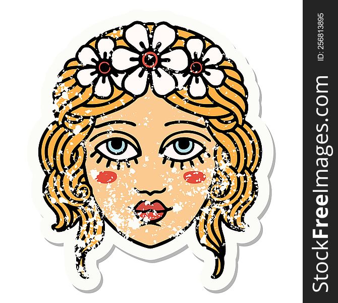 Traditional Distressed Sticker Tattoo Of Female Face With Crown Of Flowers