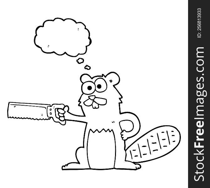 freehand drawn thought bubble cartoon beaver with saw