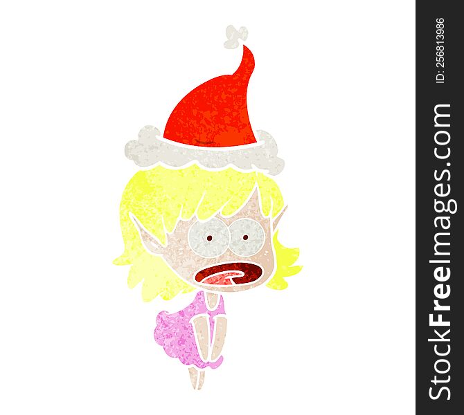 Retro Cartoon Of A Shocked Elf Girl Wearing Santa Hat