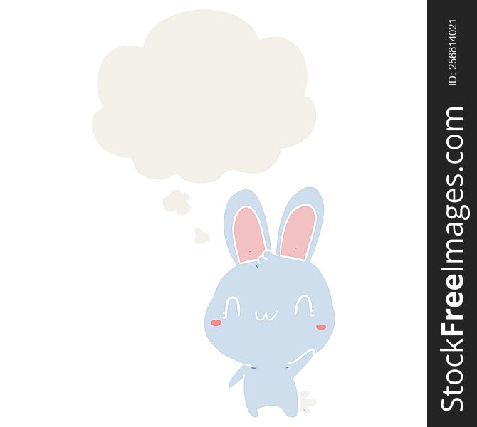 Cartoon Rabbit Waving And Thought Bubble In Retro Style