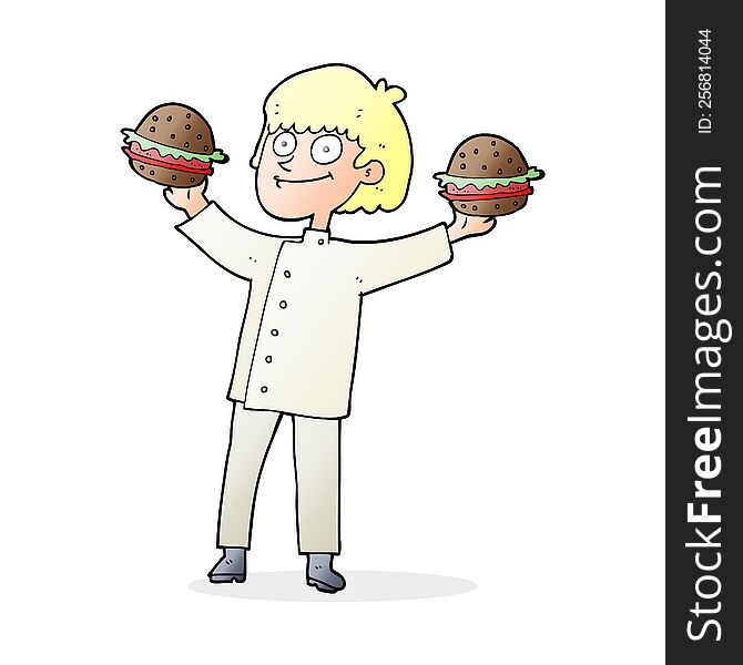 freehand drawn cartoon chef with burgers