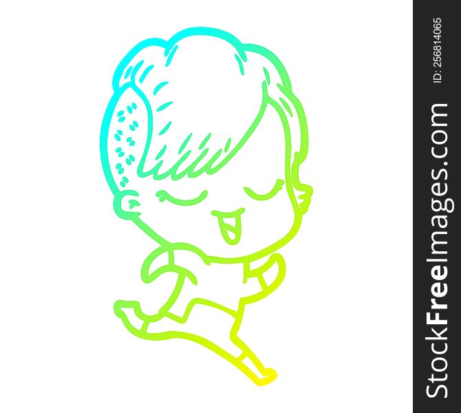 Cold Gradient Line Drawing Happy Cartoon Girl In Futuristic Clothes