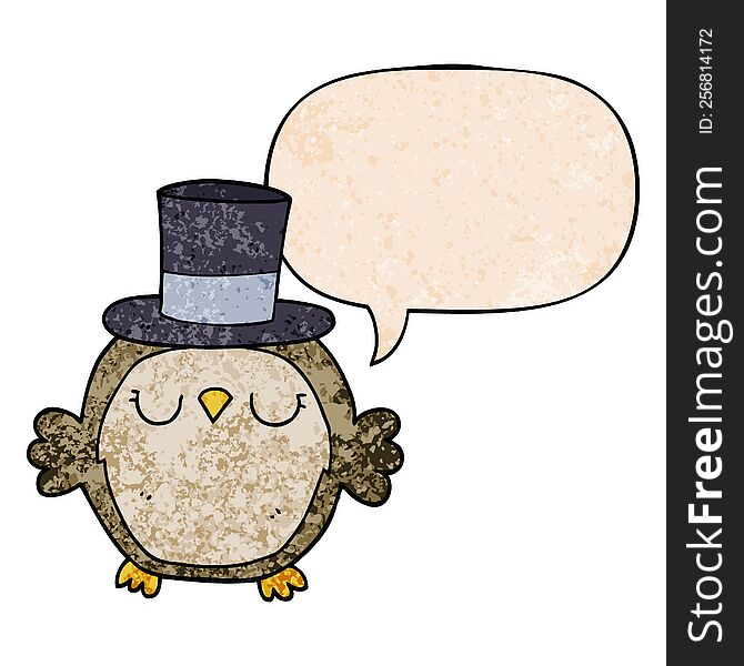 cartoon owl wearing top hat with speech bubble in retro texture style