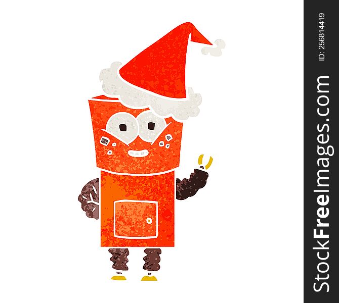 happy retro cartoon of a robot waving hello wearing santa hat