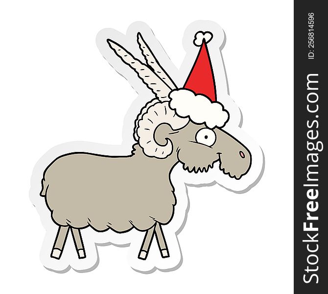 Sticker Cartoon Of A Goat Wearing Santa Hat