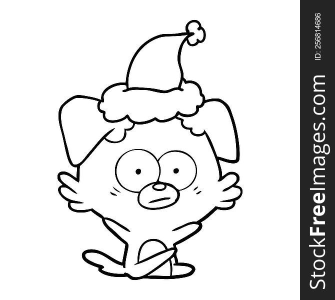 Nervous Dog Line Drawing Of A Wearing Santa Hat