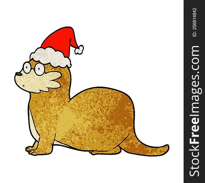 hand drawn textured cartoon of a otter wearing santa hat